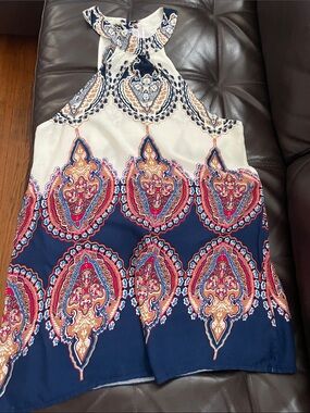 Sleeveless Halter Top in Navy, Cream & Multicolor Paisley